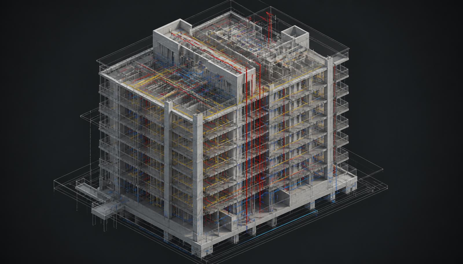 Vista axonométrica de modelo federado BIM: estrutura, hidrossanitário, elétrico e preventivo